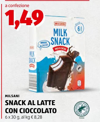 SNACK AL LATTE CON CIOCCOLATO - Milsani