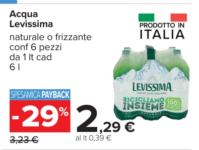 Acqua Levissima naturale o frizzante conf 6 pezzi da 1 lt cad 6 l