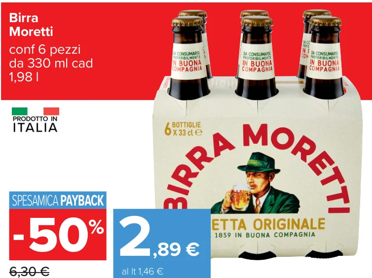 Birra Moretti conf 6 pezzi da 330 ml cad 1,98 l