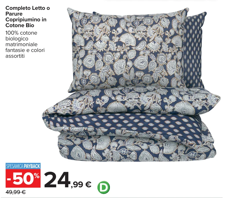 Completo Letto o Parure Copripiumino in Cotone Bio 100% cotone biologico matrimoniale fantasie e colori assortiti