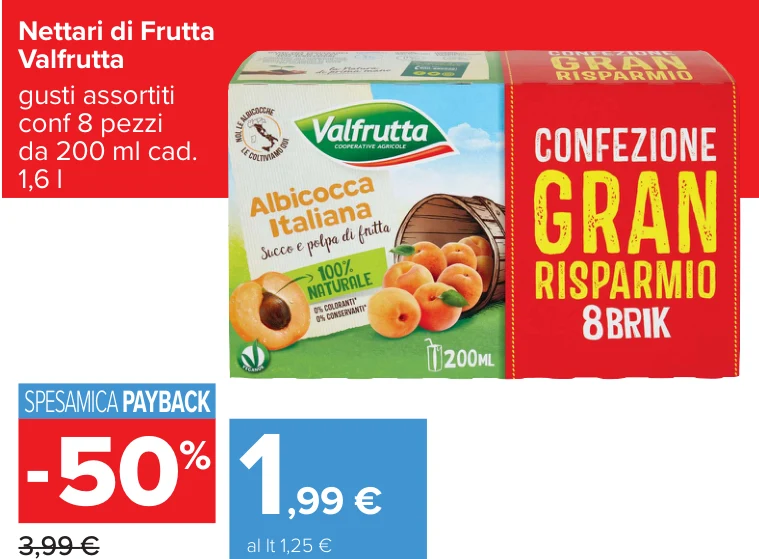 Nettari di Frutta Valfrutta gusti assortiti conf 8 pezzi da 200 ml cad. 1,6 l