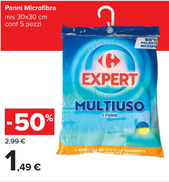 Panni Microﬁbra mis 30x30 cm conf 5 pezzi