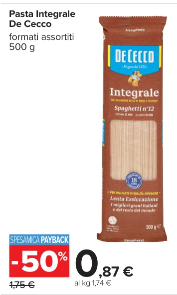 Pasta Integrale De Cecco formati assortiti 500 g