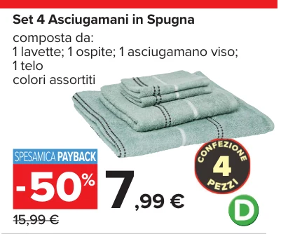 Set 4 Asciugamani in Spugna composta da: 1 lavette; 1 ospite; 1 asciugamano viso; 1 telo colori assortiti