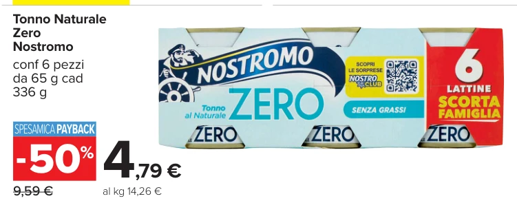 Tonno Naturale Zero Nostromo conf 6 pezzi da 65 g cad 336 g