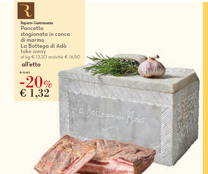 Pancetta stagionata in conca di marmo La Bottega di Adò