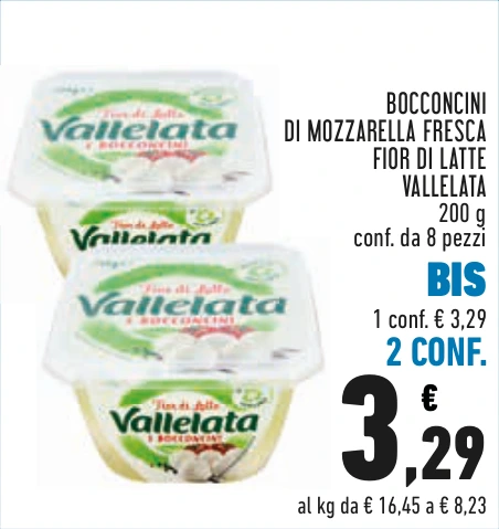 BOCCONCINI DI MOZZARELLA FRESCA FIOR DI LATTE VALLELATA BIS 2 CONF.