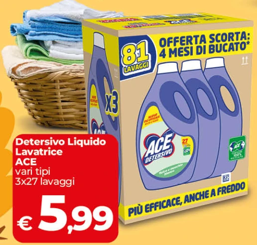Detersivo Liquido Lavatrice ACE vari tipi 3x27 lavaggi