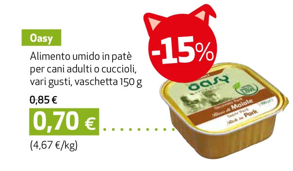 Oasy Alimento umido in patè per cani adulti o cuccioli, vari gusti, vaschetta 150 g