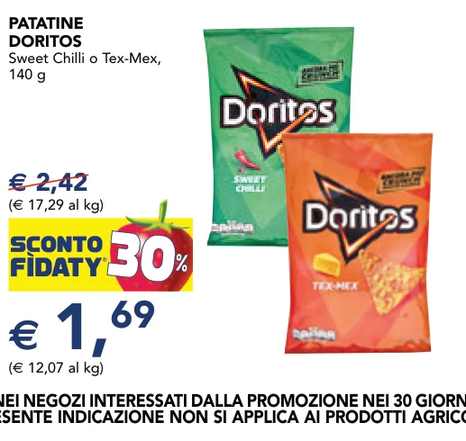 PATATINE DORITOS Sweet Chilli o Tex-Mex, 140 g