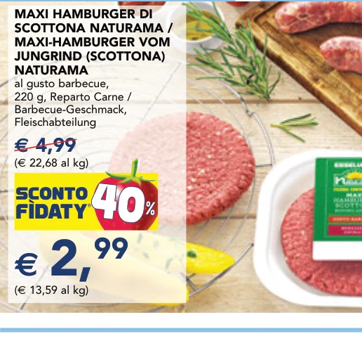 MAXI HAMBURGER DI SCOTTONA NATURAMA / MAXI-HAMBURGER VOM JUNGRIND (SCOTTONA) NATURAMA al gusto barbecue, 220 g, Reparto Carne / Barbecue-Geschmack, Fleischabteilung