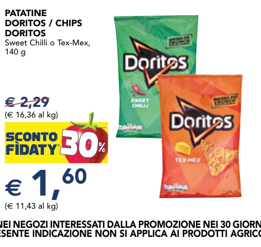 PATATINE DORITOS / CHIPS DORITOS Sweet Chilli o Tex-Mex, 140 g
