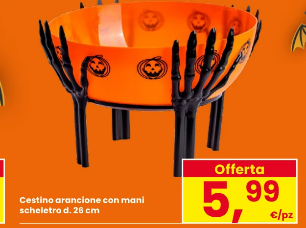 Cestino arancione con mani scheletro diametro 26 cm