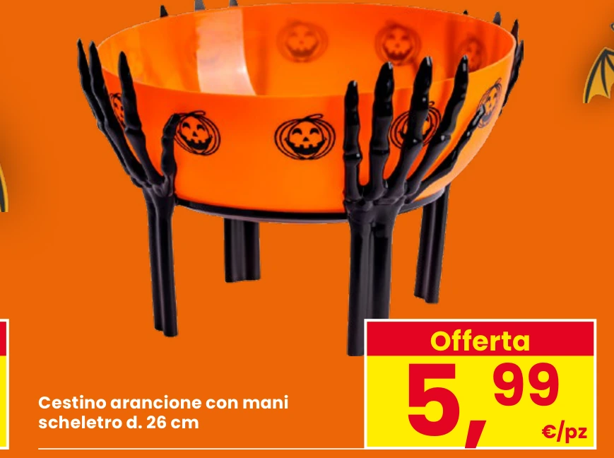 Cestino arancione con mani scheletro diametro 26 cm