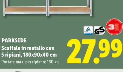 Scaffale in metallo con 5 ripiani, 180x90x40 cm - Parkside