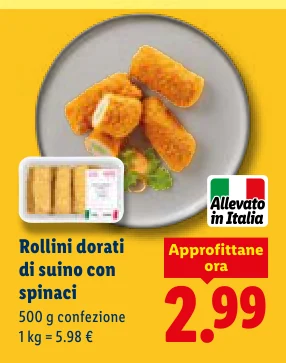 Rollini dorati di suino con spinaci