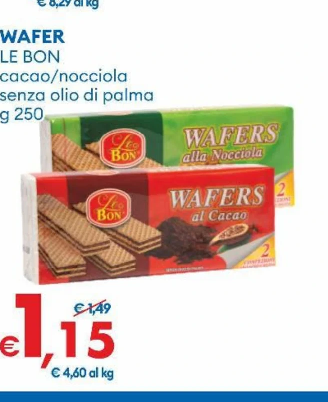 WAFER LE BON cacao o nocciola senza olio di palma g 250