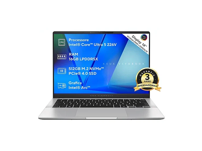 Vivobook S14 S5406 NOTEBOOK, 14 ", processore Intel® Core Ultra 5 226V, Intel® Arc™ GPU, RAM 16 GB, 512 GB SSD, Silver, Windows 11 Home - ASUS