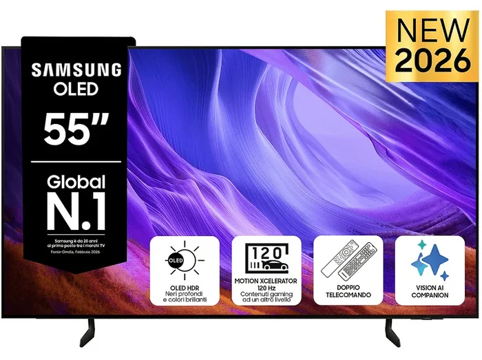 OLED AI TV 55" QE55S85HAEXZT 4K, Processore NQ4 AI Gen2, 4K AI Upscaling, Schermo antiriflesso, OLED HDR, Motion Xcelerator 120Hz, Dolby Atmos & OTS Lite, Contour Design, Vision AI Smart TV, 2026 - SAMSUNG