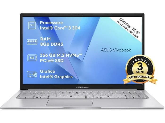 Vivobook 15 F1504 NOTEBOOK, 15,6 ", processore Intel® Core 3 304 , Intel®, RAM 8 GB, 256 GB SSD, Silver, Windows 11 Home - ASUS