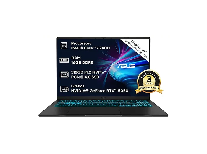 V16 V3607 Notebook Gaming, 16 ", processore Intel® Core 7 240H, NVIDIA GeForce RTX™ 5050, RAM 16 GB, 512 GB SSD, Black, Windows 11 Home - ASUS