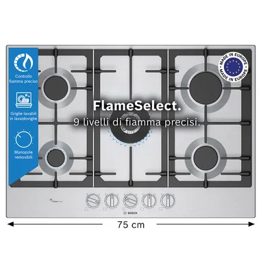 Serie 6 PCQ7A5I90 Piano cottura a gas 75 cm 5 fuochi Acciaio Inox - Bosch